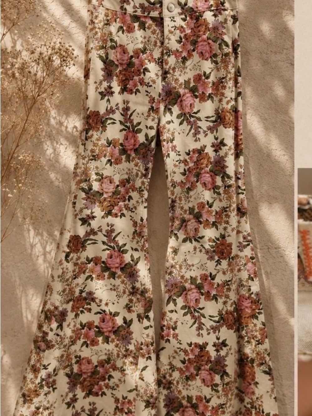 Free People Floral Wide-Leg Pants in Cream, Pink and Brown